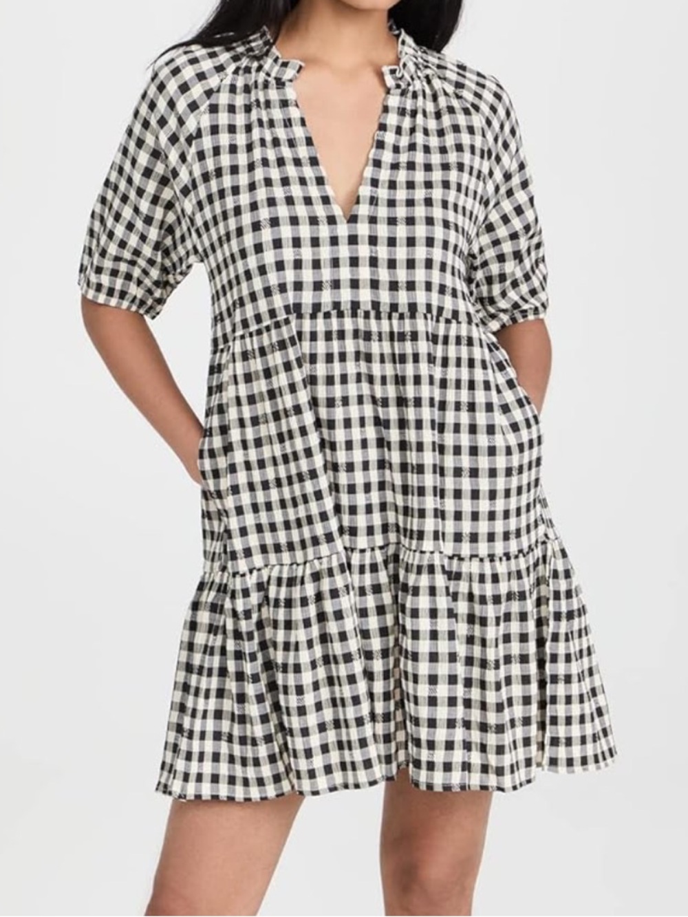 Black and Cream Picnic Gingham Tiered Mini Dress W/Pockets XS Fall Cottagecore